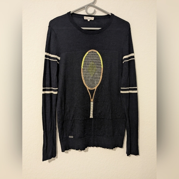 L'etoile Sport Navy Blue Stripe 100% Merino Wool Crewneck Tennis Racquet Sweater - Picture 7 of 13